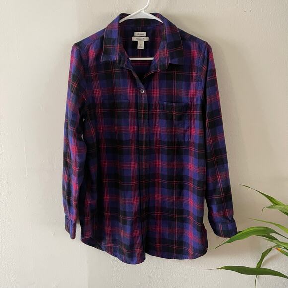 L.L. Bean Scotch Plaid Flannel Shirt Tunic Womens Medium Blue Red Lumberjane - Picture 1 of 8